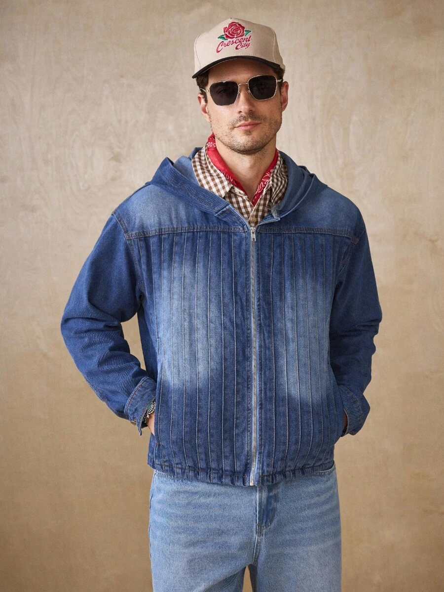 Manfinity Homme Áo khoác denim Niche Heavyweight xếp ly giặt có mũ trùm đầu, áo khoác ngoài thường ngày cỡ lớn dành cho nam - Màu xanh lam - Xem 1