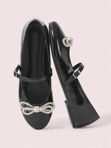 CUCCOO DOLLMOD Women's Black Patent Leather Rhinestone Bow Decor T-Strap Mary Jane Flats, Fashionable & Cute - Black - View 2