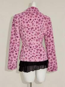 SHEIN ICON 女士新款秋冬豹纹翻领开衫兔毛外套，复古风 - 粉色 - 查看 2