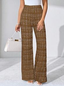 SHEIN Clasi 夏季优雅女士格纹印花弹力针织裤，适合各种场合，适合夏季度假、优雅旅行、日常通勤 - 棕色 - 查看 6