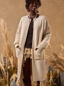 EURMUSE 女士口袋和麻花针织开衫 - 奶油色 - 查看 5