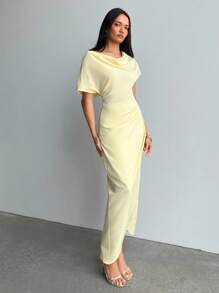 Aloruh 女款淡黃色圍裹式垂領抓皺設計長洋裝，優雅夏季婚禮賓客穿搭，適合畢業典禮、教師服裝與通勤 - 黃色 - 查看 5