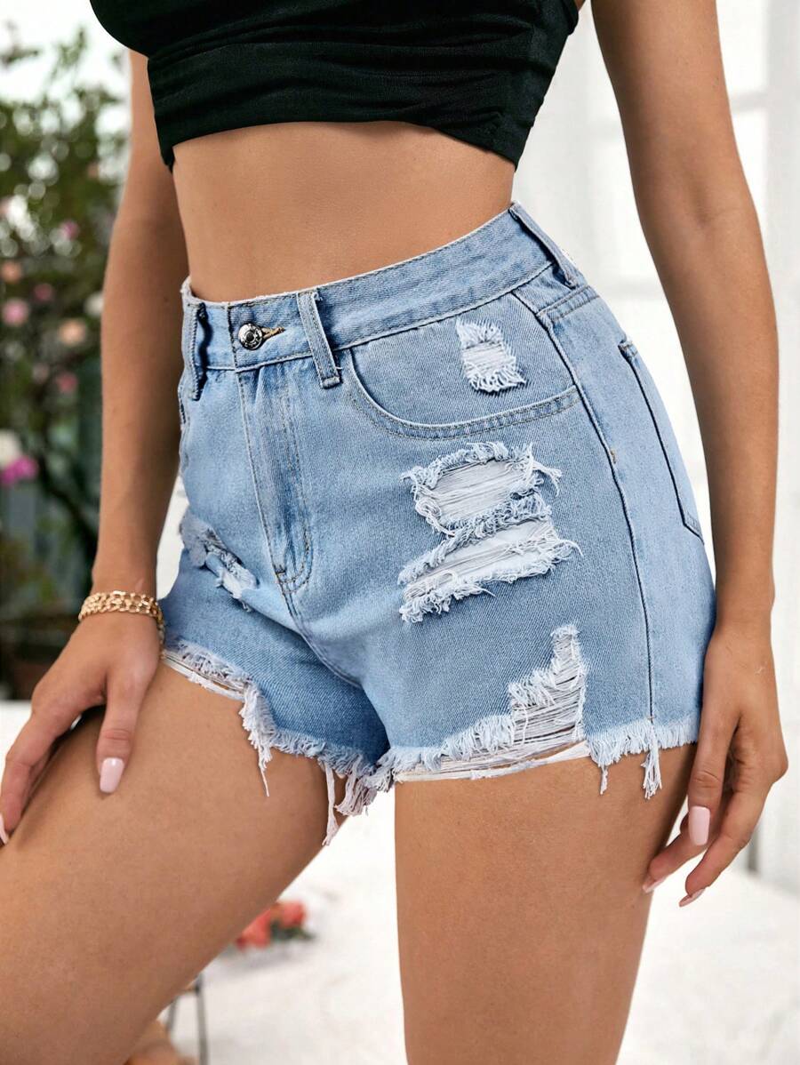 SHEIN EZwear 女式口袋做旧磨边休闲百搭牛仔短裤 - 淺色水洗藍 - 查看 1