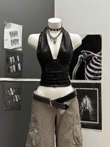 StreetHx 女式黑色亮片细肩带吊带背心，夏季 - 黑色 - 查看 1