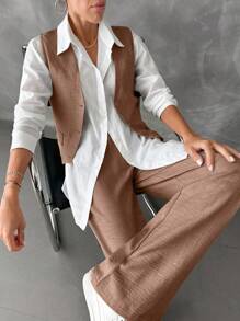 EURMUSE Áo ba lỗ cài nút màu trơn cỡ nhỏ và quần ống rộng - Lạc đà - Xem 3