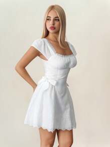 Sweetina Vestido mini con decoración de lazo bordado hidrosoluble - Blanco - Ver 4