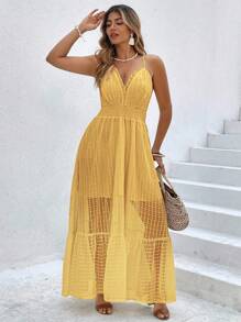 SHEIN Clasi 大码女式度假风格纹理吊带背心连衣裙，带荷叶边下摆和收腰设计 - 黃色 - 查看 3