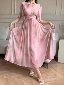 DAZY Abito elegante casual con maniche a campana, scollo a V con strass, vita con laccio incrociato, stampa floreale ditsy, adatto per matrimoni/feste, abiti estivi da donna di media lunghezza - Rosa - Visualizzare 10