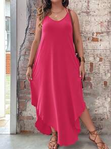 SHEIN LUNE Große Größen einfarbiges Urlaubskleid im Lässig-Stil mit geschwungener Saumkante, Maxikleid für Damen