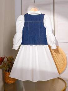 2pcs/Set Girls French Vintage White Long Sleeve Shirt Dress And Denim ...