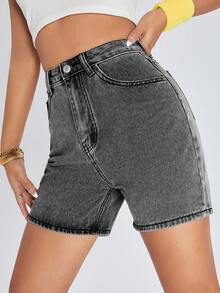 SHEIN EZwear 夏季休闲水洗高腰牛仔短裤 - 淺灰色 - 查看 3