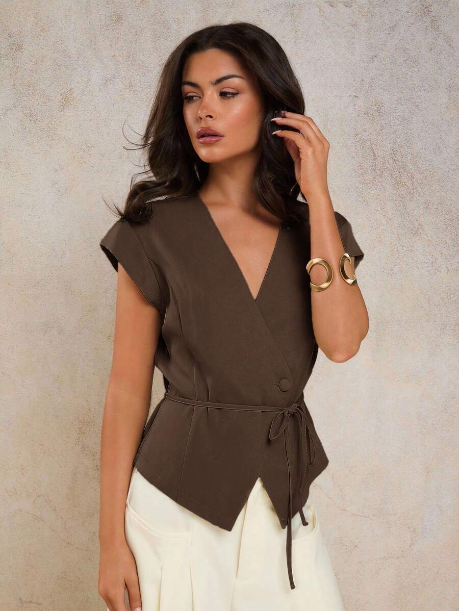 COSMINA Women's Elegant V-Neck Tie-Waist Camisole, Spring/Summer,Elegant Women's Blouses - Brown - View 1