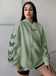 SHEIN Cottnline Women'S Butterfly Letter Print Drawstring Hooded Sweatshirt - Mint Green - View 4