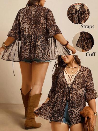 Freevana 加大码防晒豹纹和服，七分袖喇叭和服，前中心系带设计，秋季，学校，老钱风格女性，旅行机场，收腰上衣，加大码沙滩和服，休闲日常穿着，简约时尚和服，优雅的日常派对活动，Ins 博主，日常穿着，女式波西米亚风/波西米亚风上衣，夏季海滩度假的女士沙滩装
