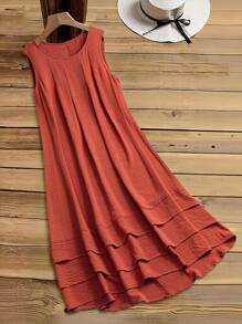 Rusticease 大码女式纯色圆领无袖荷叶边下摆休闲连衣裙 - 亮橙色 - 查看 4