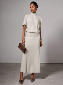 COSMINA Women's Elegant Solid Color Dress With Stand Collar - Apricot - View 7