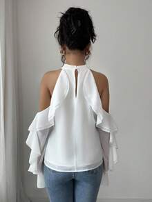Elenzga Blusa de mujer con volantes y lazo en los hombros, de manga larga - Blanco - Ver 2