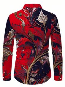 Manfinity AFTRDRK 男士复古花卉图案印花长袖衬衫，适合春秋季节穿着，休闲舒适衬衫可作为礼物 - 紅色 - 查看 2