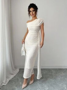 Elenzga 女式性感针织镂空毛绒球优雅紧身长裙，夏季 - 杏色 - 查看 3