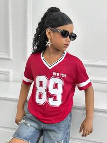 SHEIN 青少年女孩时尚宽松V领短袖针织毛衣 - 紅色 - 查看 5