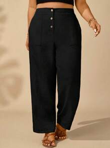 EMERY ROSE Plus Size Casual, Vacation Flattering, Button & Pocket Decor Loose 3/4 Pants Fall - Black - View 5