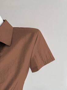 Elamini Classic Lace Patchwork Solid Color Slim Fit Short Sleeve Women Shirt - Brown - View 6