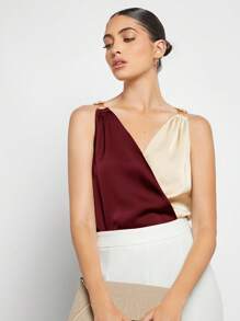 BizChic Women's Colorblock Patchwork Metal Decor Casual Blouse, Simple Urban Commuting Basic Style, Minimalist Fashion Elegant Business Casual For Women, Suitable For Teachers, Office, Weddings, Concerts - Burgundy - View 4