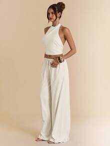 SHEIN BAE 2 件套女士纯色浅蓝色棉麻吊带背心和阔腿裤，棉麻套装，度假装 - 杏色 - 查看 6