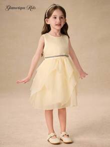Glamorique Kids Girls' Princess Dress,Flower Girl Dress,Summer Apricot Asymmetric Hem,Silver Webbing,Back Strap Bowknot,Children's Birthday Wedding Festival Dress - Apricot - View 3