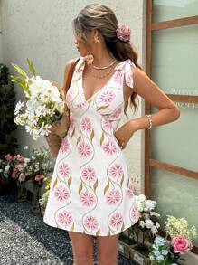 SHEIN LUNE Vestido de verano con cuello en V, sin mangas, con decoración de lazo 3D en los hombros, vestido mini, casual y fresco con estampado floral de mezcla de lino y encaje, para vacaciones o citas - Multicolor - Ver 2