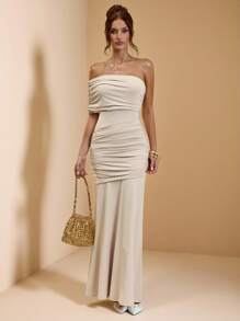 SHEIN BAE 秋季女式纯色杏色不对称肩部褶皱修身长裙/返校礼服/女式婚礼宾客礼服/适合度假、音乐节、生日、早午餐、伴娘、婚礼宾客、优雅礼服派对礼服 - 杏色 - 查看 4