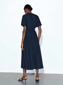 Maija 海军蓝深V领泡泡袖女式束腰喇叭裙 - 藏蓝色 - 查看 6