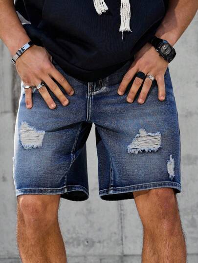 Manfinity LEGND 男士深色水洗阔腿牛仔短裤，带破洞街头风格设计，男士破洞牛仔短裤