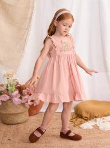 Blossori Young Girls' French Elegant Pink Floral Embroidered Ruffle Hem Sleeveless Dress, Spring/Summer - Pink - View 6