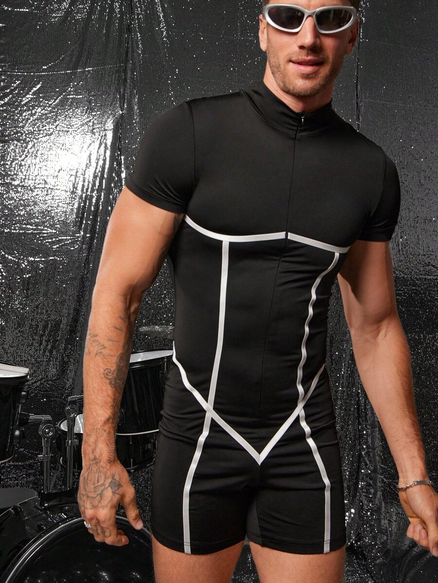 FeverCity 男士前拉链短袖休闲连体裤 - 黑色 - 查看 1