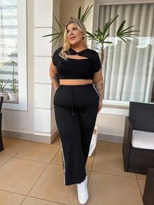magalhaesca Áo thun Plus size Cắt ra Xù cắt Tương phản Mesh màu trơn Gợi cảm - màu đen - Xem 5