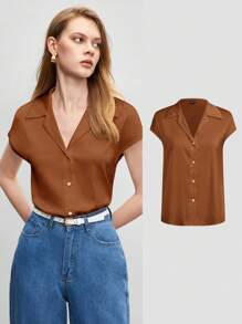BizChic 棕色前开领复古短袖女式衬衫，时尚优雅，适合都市通勤、日常穿着，充满浪漫的90年代复古风情，也适合圣诞节、新年、情人节、派对、海滩、毕业典礼、时尚活动、嘉年华、假日、婚礼宾客、早午餐、机场等多种场合。 - 棕色 - 查看 1