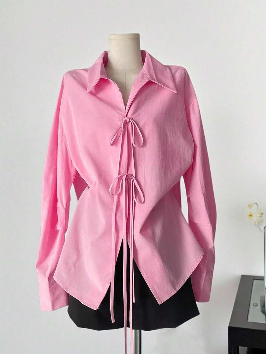 INAWLY 女士休闲长袖粉色蝴蝶结衬衫 - 淺粉色 - 查看 1