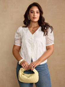 Roveilla Plus Size Women's Casual Elegant Vintage Embroidered Puff Sleeve Blouse Eyelet Blouse Blouse Summer Eyelet Top Button Up Top Blouses For Women - Apricot - View 6