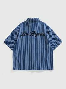 ROMWE MEN Casual 男士条纹短袖单排扣口袋休闲牛仔衬衫 - 棕色 - 查看 2