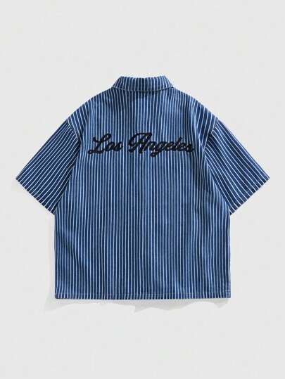 Prep Men's Striped Short Sleeve Single Breasted Pocket Casual Denim Shirt