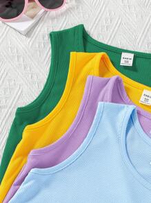 SHEIN Paquete múltiple de top de camiseta de tirantes acanalado de unicolor informal para niña preadolescente - Multicolor - Ver 6