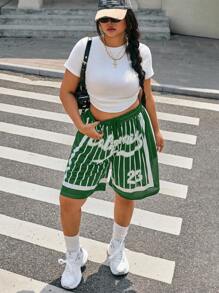 SHEIN EZwear Quần short Bermuda thể thao rộng rãi màu đen trắng cỡ lớn, mùa hè - màu xanh lá - Xem 3