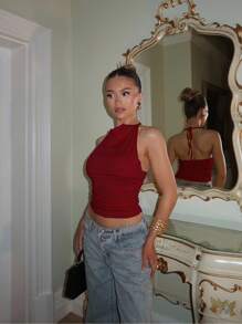 Glamine Top sin mangas con tirantes finos de color rojo elegante para fiestas navideñas de invierno para mujeres - Burdeos - Ver 3