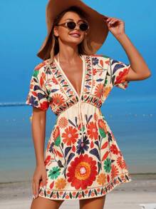 Breezaya Đầm đi biển họa tiết hoa cổ chữ V, tay ngắn, bó eo, thường ngày và áo choàng cho nữ - Nhiều màu - Xem 2