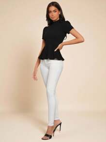 Amorya Áo thun bó tay ngắn cổ đứng màu trơn dành cho nữ - màu đen - Xem 6