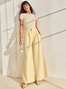 CLARA VERO Women's Butter Yellow High Waist Wide Leg Elegant Suit Pants - Yellow - View 1