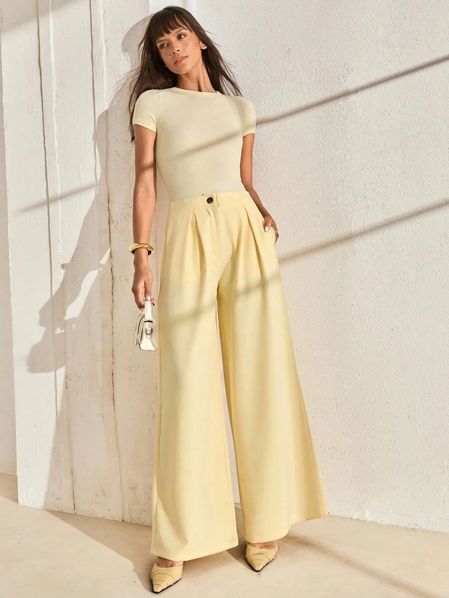 CLARA VERO Women's Butter Yellow High Waist Wide Leg Elegant Suit Pants - Yellow - View 1