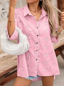 SHEIN VCAY Women's Laser-Cut Embroidered Lantern Sleeve Single-Breasted Casual Blouse - Pink - View 5