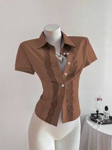 Elamini Classic Lace Patchwork Solid Color Slim Fit Short Sleeve Women Shirt - Brown - View 3